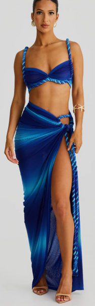 Blue Gradient Bikini Top and Slit Sarong Without Pads