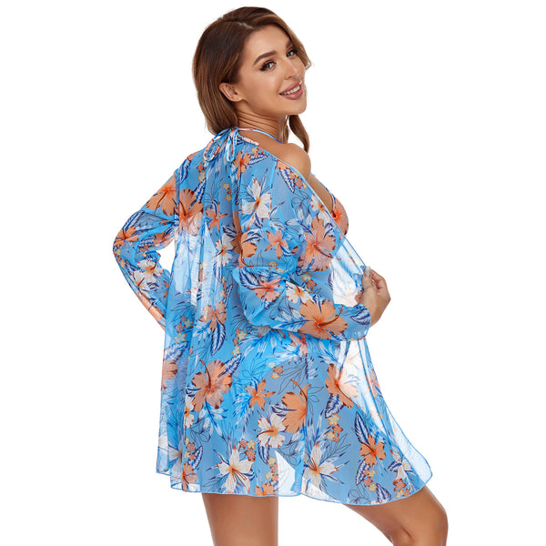 Floral Bikini Set with Swimsuit Cover Up in Blue