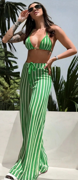Green Stripes Triangle Bikini Set With Beach Pants
