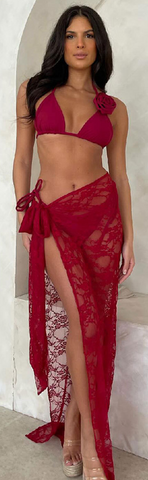 Solid Halter Neck Three Piece Bikini Swimsuit Flower Décor Maroon