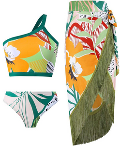 Tropical Print One Shoulder Bikini Set With Cover Up Skirt Green