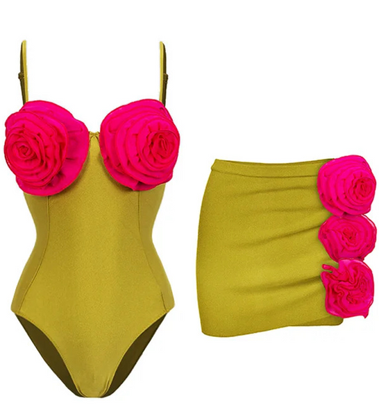 Green Solid High Cut One-Piece Swimsuit With Beach Skirt