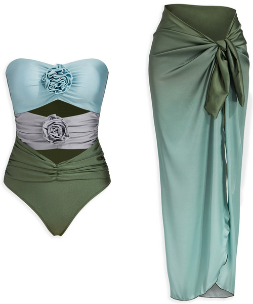 Green Gradient One Piece Swimsuit With Sarong