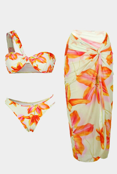 Orange Floral One Shoulder Bikini Set With Maxi Cover Up
