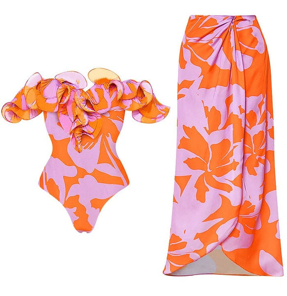 Multicolor Floral Ruffle One Piece Swimsuit With Beach Skirt