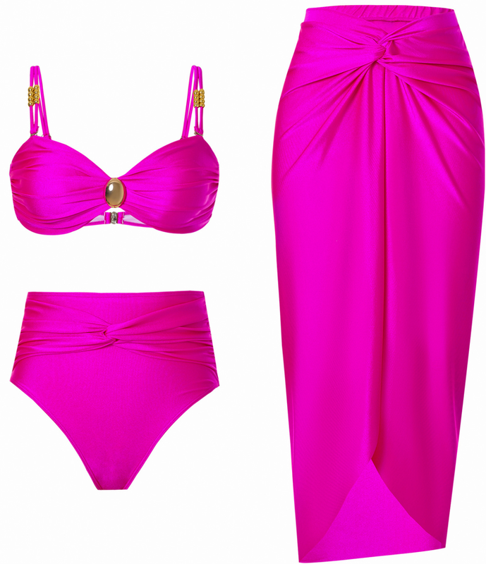 Solid Front Metal Décor Three Piece Swimsuit Pink