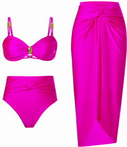 Solid Front Metal Décor Three Piece Swimsuit Pink