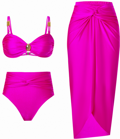 Solid Front Metal Décor Three Piece Swimsuit Pink