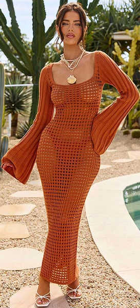 Brown Solid Hollow Crochet Knit Beach Dress