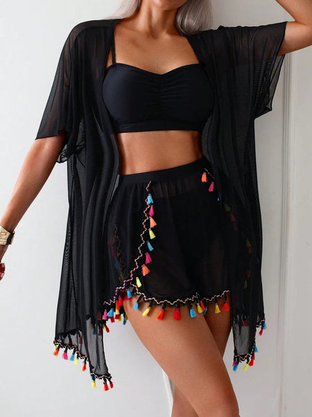 Black Abstract Bikini Set Shirt Cover-Up Beach Shorts