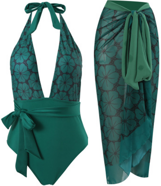 Floral Print One Piece Swimsuit with Beach Cover up Wrap Skirt Sarong Two Piece Set Drak Green