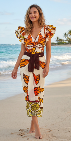 Multicolor Tropical Ruffle One Piece Swimsuit With Sarong