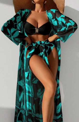 All over Plants Print Push Up Bikini Set With Kimono Aqua Blue