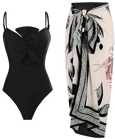 Solid Spaghetti Straps One Piece With Wrap Skirt Black