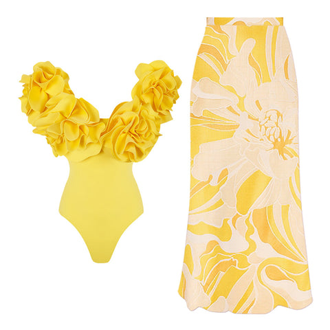 Flora Print V-Neck One Piece Flower Decor Swimsuit With Cover Up Yellow