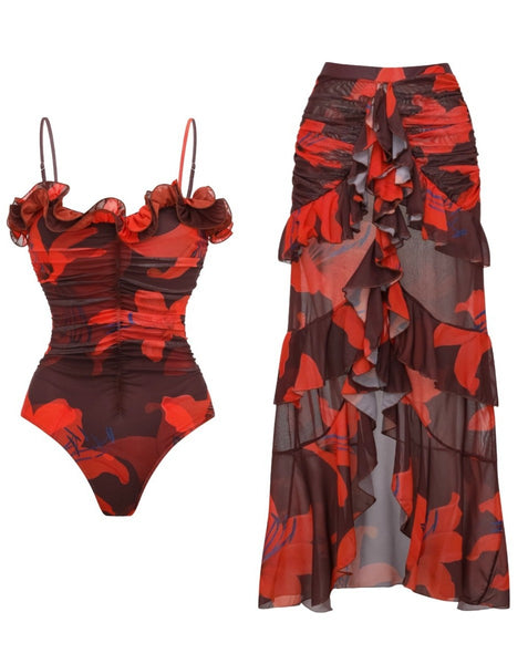 Red Floral Ruffle One Piece Swimsuit With Beach Skirt