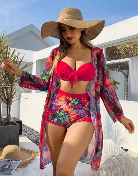 Tropical Print Underwire Bikini Swimsuit With Kimono Red