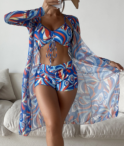 Plus 3pack Allover Print Drawstring Front Bikini Swimsuit Multicolor