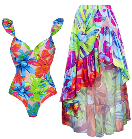 Flower Print Shoulder Straps One Piece Swimsuit With Cover Up Multicolor