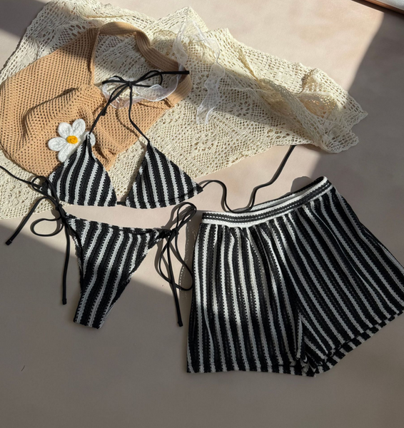 Black Stripes Halter Bikini Set With Beach Shorts