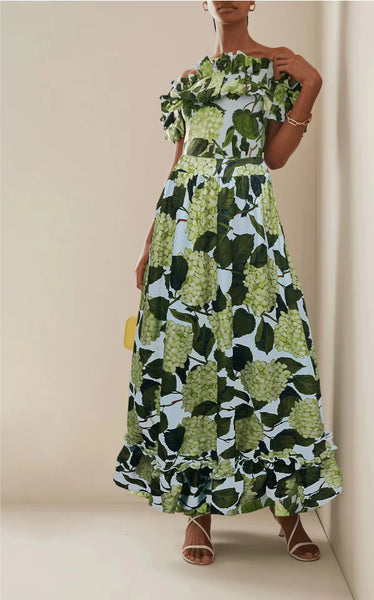 Green Tropical Off Shoulder One Piece Swimsuit With Beach Skirt