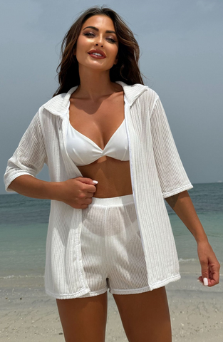 Open Front Sheer Kimono Loose Tops Short Sleeve Bathing Swimsuit with Cover Up White