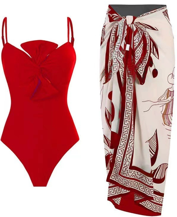 Solid Spaghetti Straps One Piece With Wrap Skirt Red