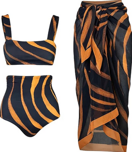 Stripe Print Swimsuit and High Waist Bikini with Skirt Wrap Multicolor