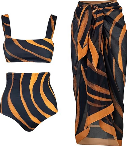 Stripe Print Swimsuit and High Waist Bikini with Skirt Wrap Multicolor