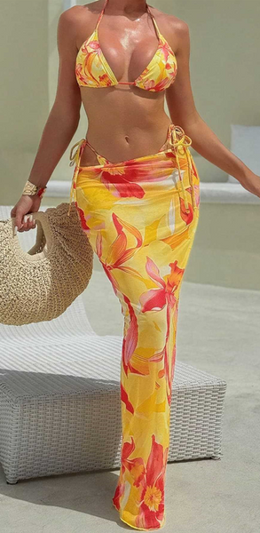 Yellow Floral Triangle Bikini Set With Beach Skirt