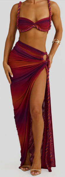 Maroon Gradient Bikini Top and Slit Sarong Without Pads