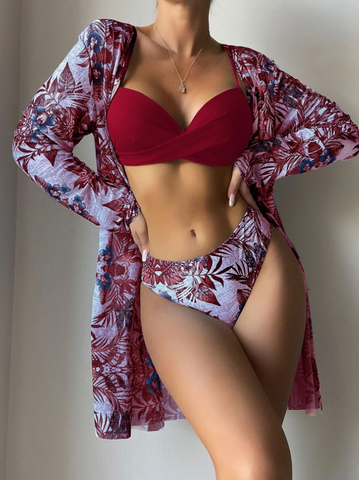 Tropical Print Push Up Bikini Swimsuit With Kimono Maroon