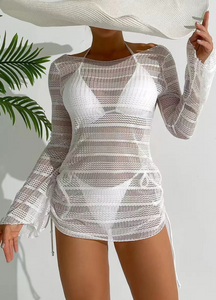 Drawstring Long Sleeve Hollow Out Backless Bikini Set White