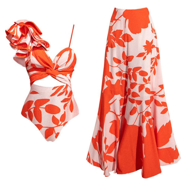 Tropical Print Shoulder Straps One Piece Swimsuit With Cover Up Orange