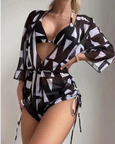 Leaf-print Waist Lace-up Three-Piece Bikini Set Long-sleeved Swimsuit Black