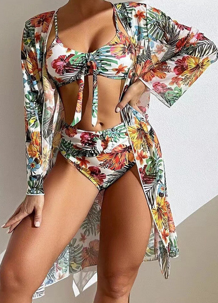 White Swim Classy Floral & Plants Print Bikini 3 Piece Suit