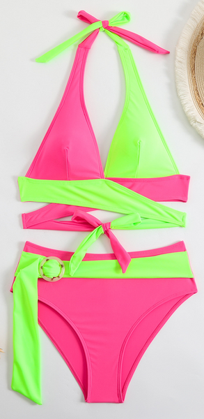 Multicolor Solid Wrap Bikini Set