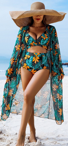 Tropical Print Spaghetti Straps High Waist Swimsuit Black
