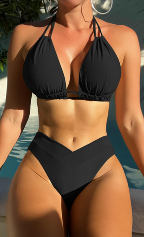 Halter Triangle High Cut Bikini Swimsuit Black