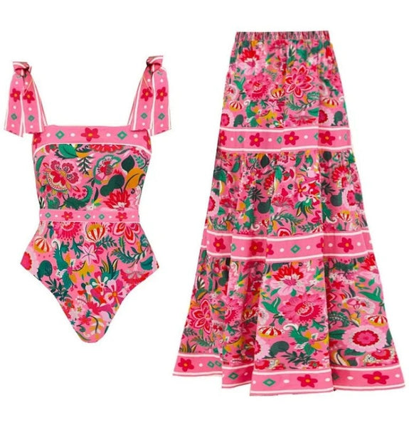 Pink Tropical Monokini Swimsuit With Beach Skirt