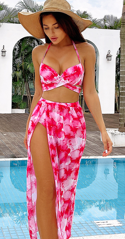 Floral Print High Waist Bikini With Cover Up Pink