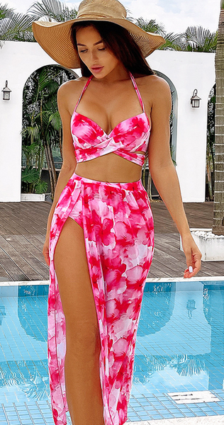 Floral Print High Waist Bikini With Cover Up Pink The Curvves