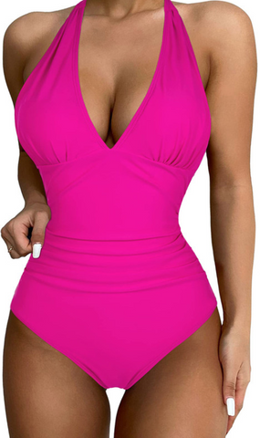 Solid Color One-piece Swimsuit With Backless Design Pink