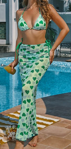 Heart Print 3-Piece Bikini Set Halter Top with Long Skirt Cover-Up Green 