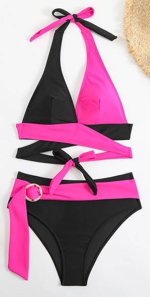 Multicolor Solid Wrap Bikini Set