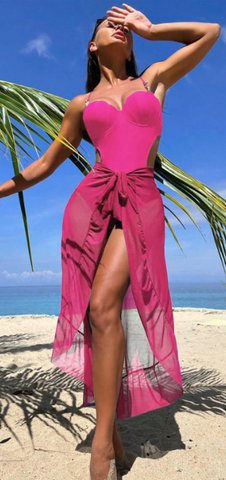 Solid One Piece Swimsuit With Halter Neck Pink