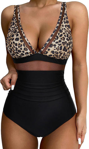 Solid Mesh Contrast V Neck Stretchy Ruched One-piece Swimsuit Leopard