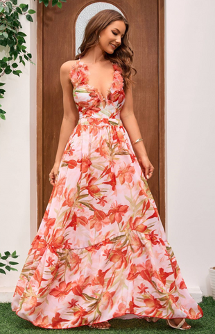 Flower Print Shoulder Straps One Piece Swimsuit With Cover Up Orange