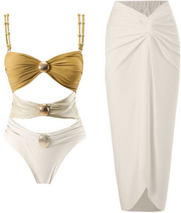 One Piece Swimsuit with Beach Cover up Wrap Skirt Cream