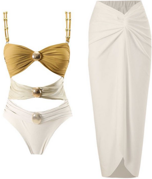 One Piece Swimsuit with Beach Cover up Wrap Skirt Cream